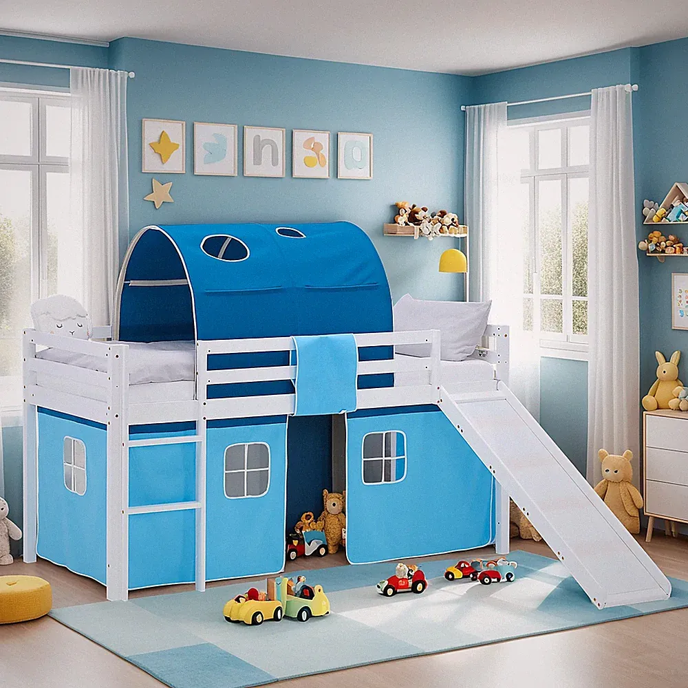 Hochbett 90x200 Kinderbett Treppe Matratze Tunnel Vorhang Blau Holz Homestyle4u
