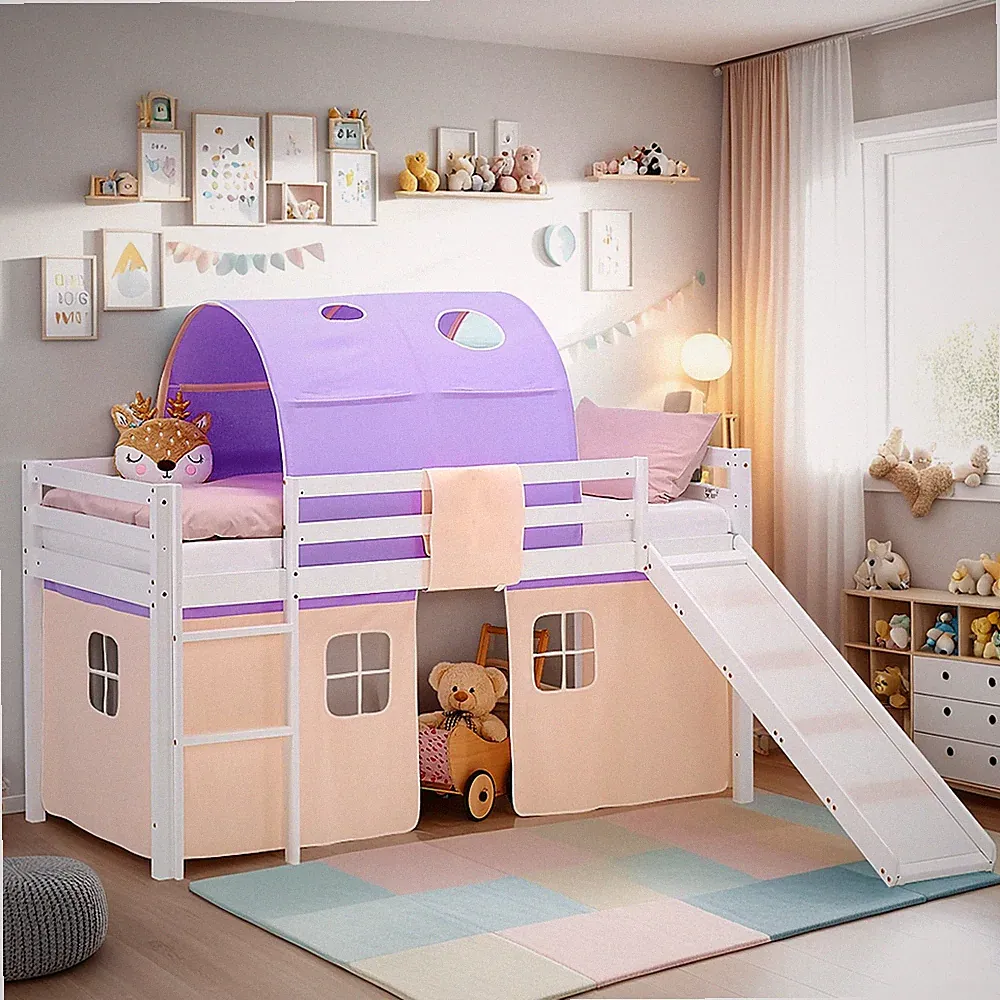 Hochbett 90x200 Kinderbett Treppe Matratze Tunnel Vorhang Lila Holz Homestyle4u