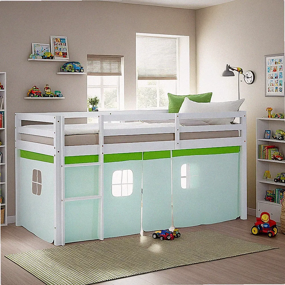 Hochbett 90x200 Kinderbett Weiß Holz Massiv Vorhang Grün Stockbett Homestyle4u