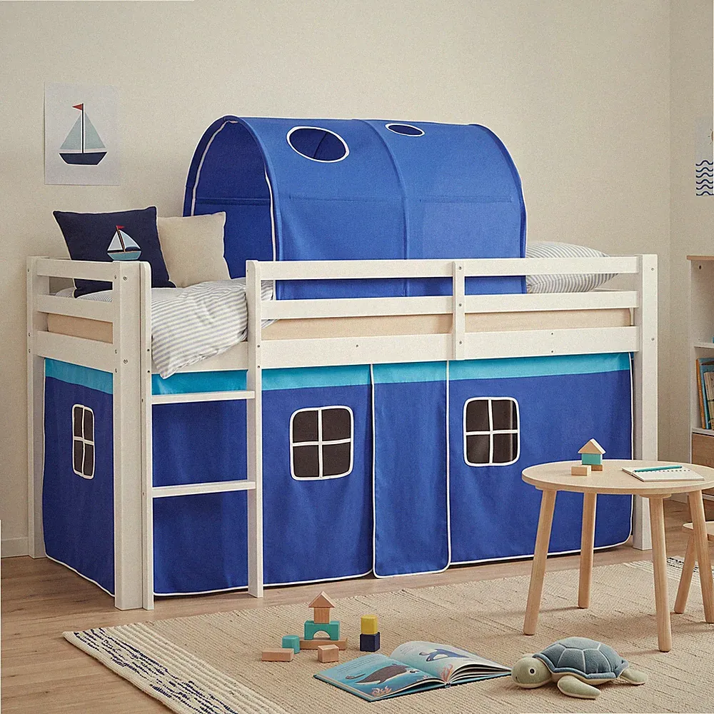 Hochbett 90x200 Kinderbett Weiß Holz Stockbett Vorhang Tunnel Blau Homestyle4u