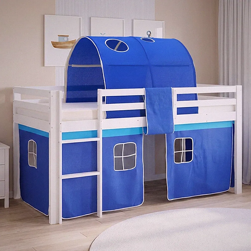 Hochbett 90x200 Kinderbett Weiß Holz Stockbett Vorhang Tunnel Blau Homestyle4u