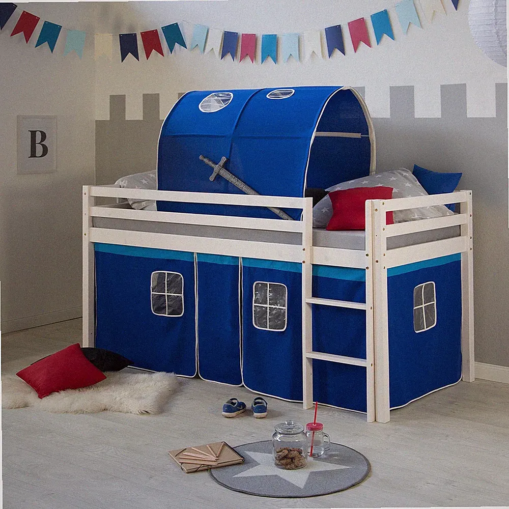 Hochbett 90x200 Kinderbett Weiß Holz Stockbett Vorhang Tunnel Blau Homestyle4u