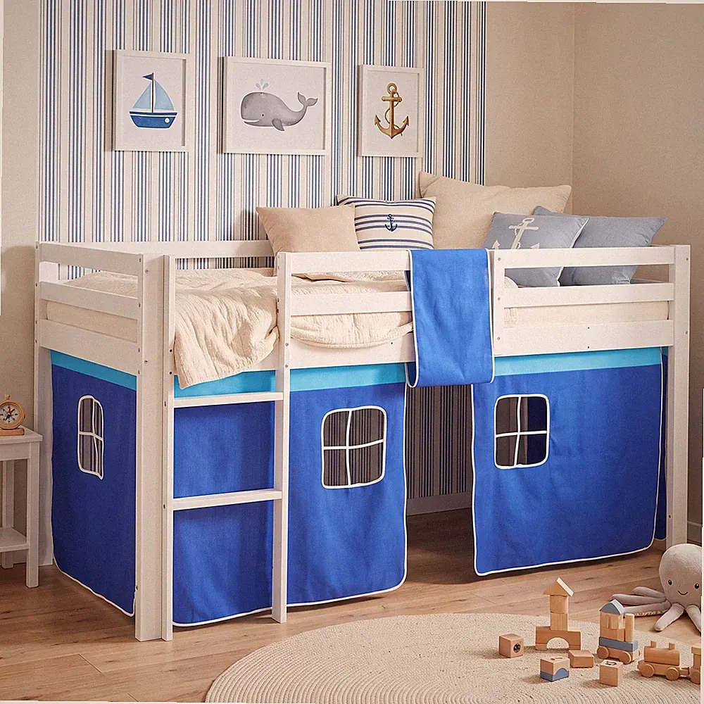 Hochbett 90x200 Kinderbett Weiß Jungen Stockbett mit Vorhang Blau Homestyle4u