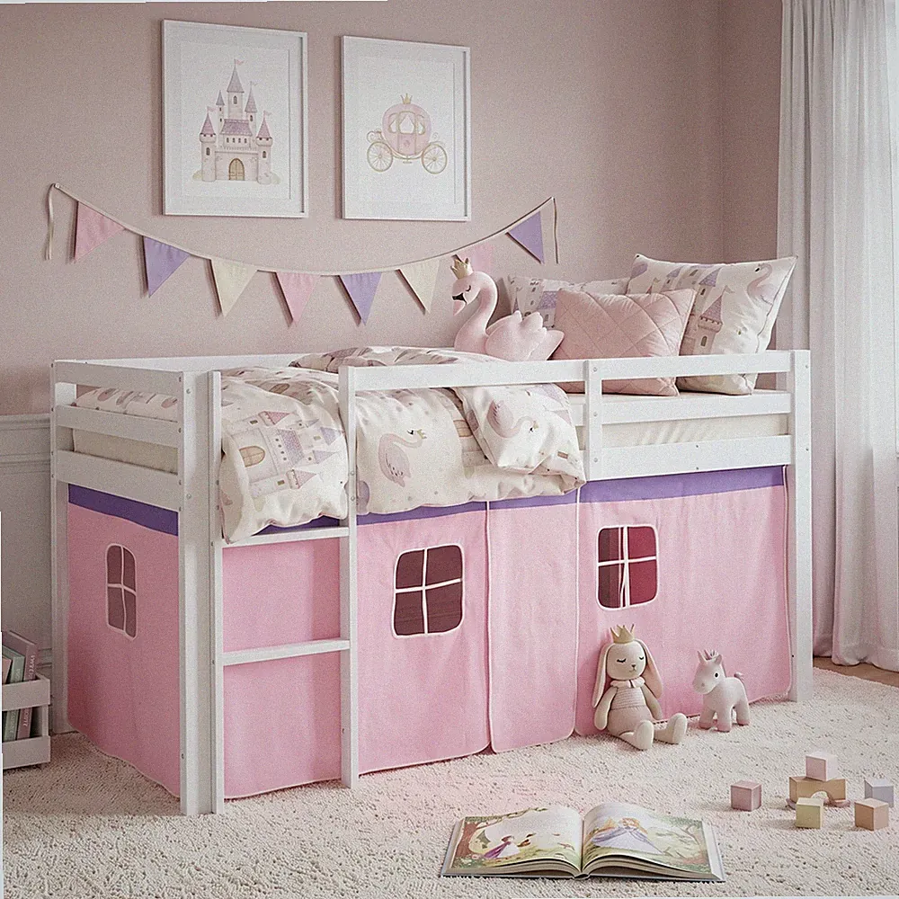 Hochbett 90x200 Kinderbett Weiß Mädchen Stockbett mit Vorhang Rosa Homestyle4u