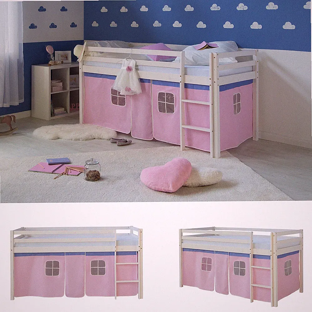 Hochbett 90x200 Kinderbett Weiß Mädchen Stockbett mit Vorhang Rosa Homestyle4u