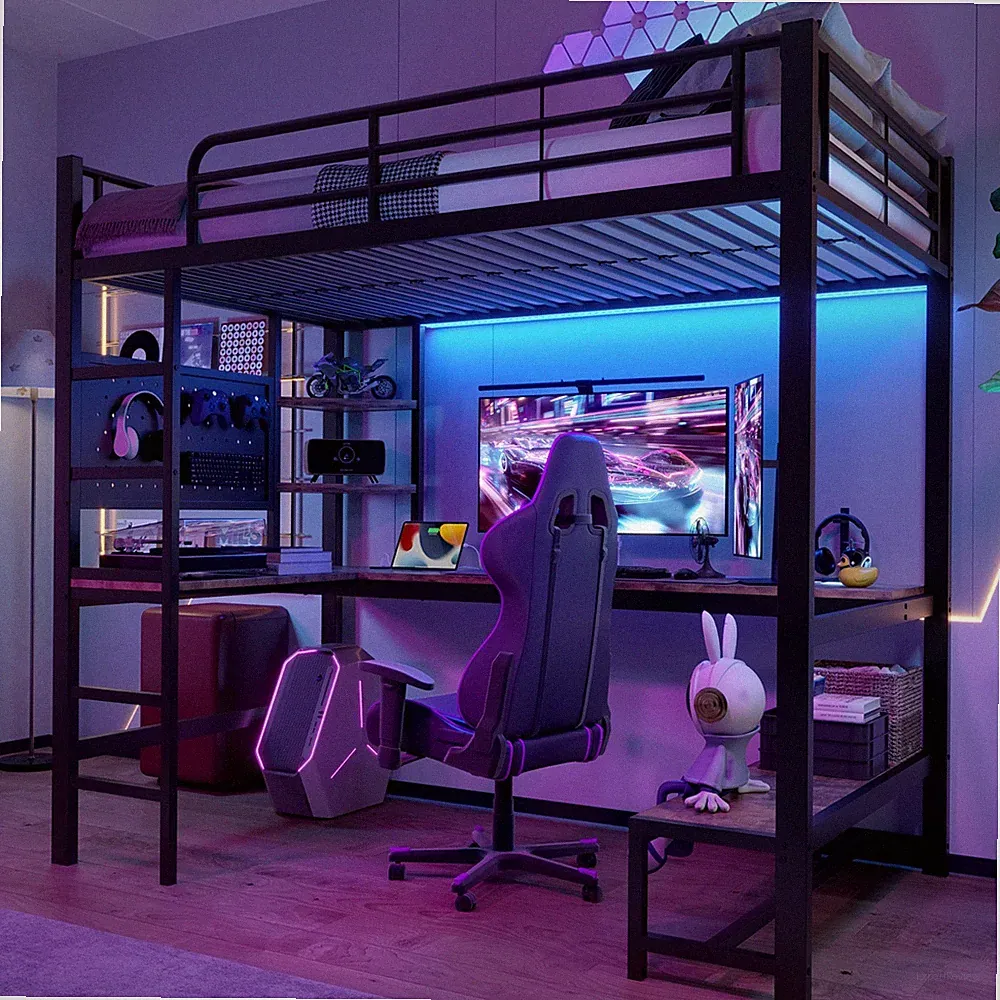 Hochbett 90x200 Metall mit Schreibtisch LED USB-C Regal Leiter Schwarz