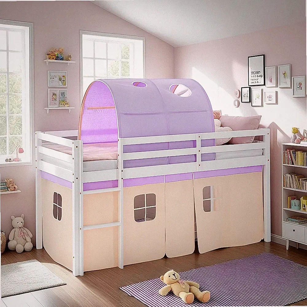 Hochbett 90x200 mit Kinderbett Matratze Weiß Holz Tunnel Beige Lila Homestyle4u