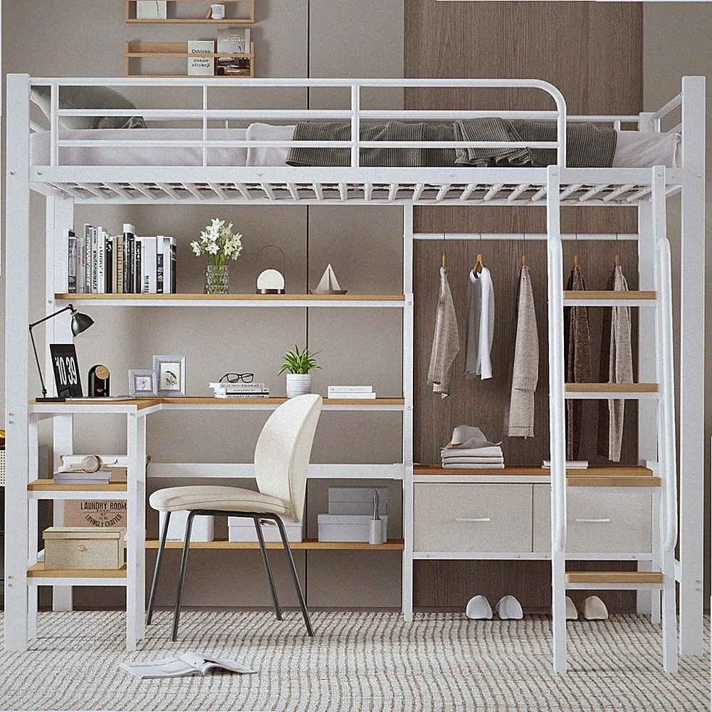 Hochbett 90x200cm mit Schreibtisch Regal 2 Stoffboxen Metall MDF Weiß Natur