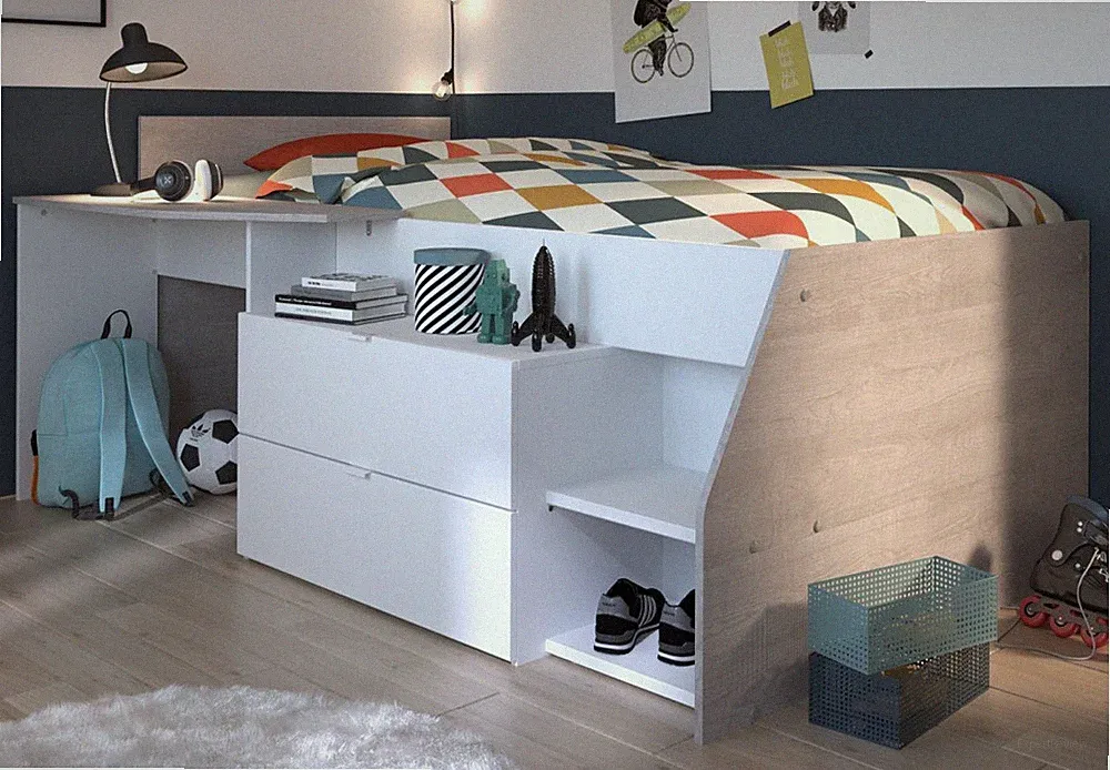 Hochbett Bett weiß und grau Loft Kinderzimmer Bett mit Stauraum Parisot Milky1