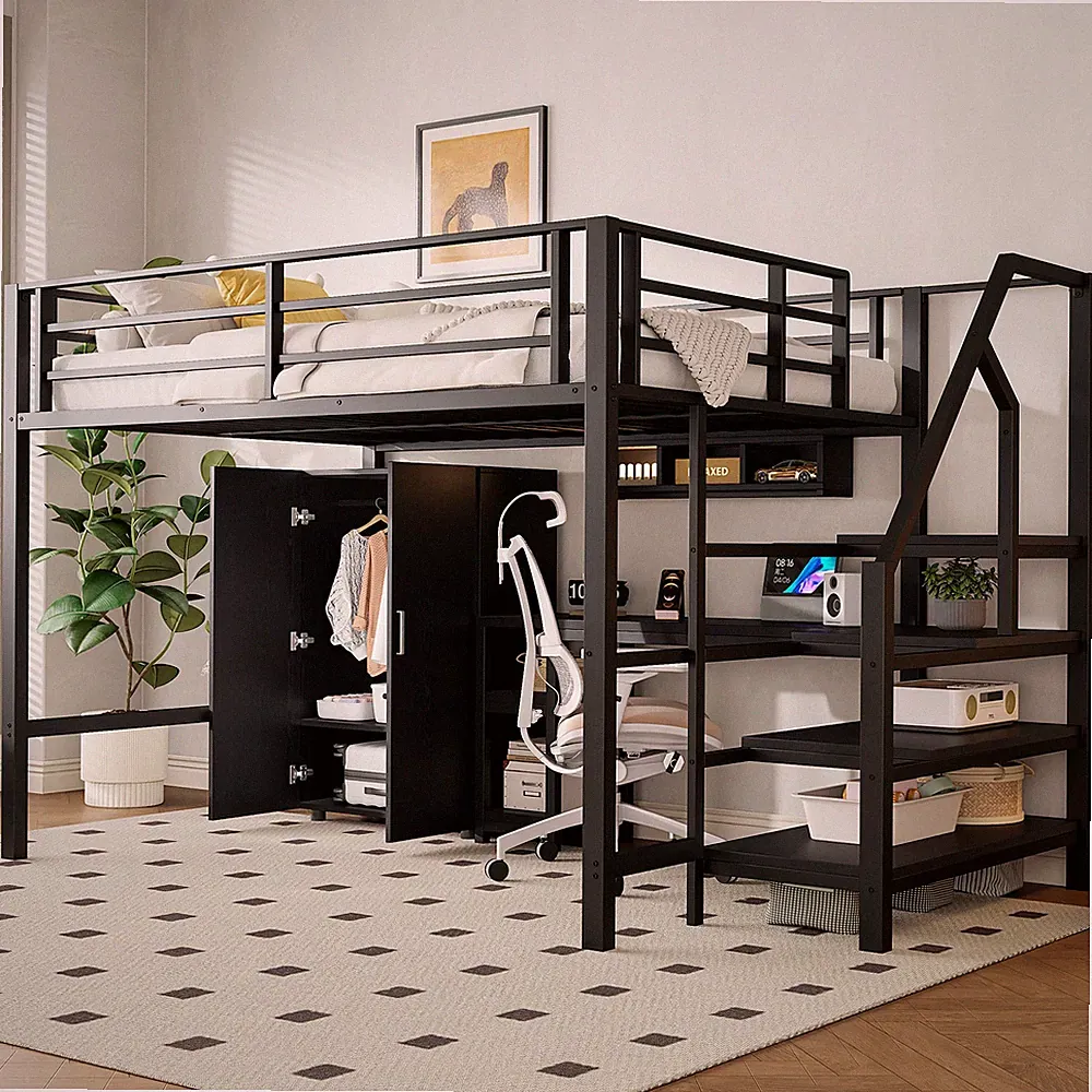 Hochbett Bettgestell mit Kleiderschrank Regale Ablageleiter Schreibtisch 140x200