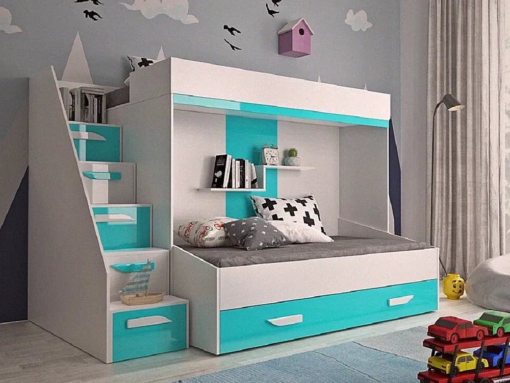 Hochbett Doppelstockbett für 2 Kinder mit Treppe PARIS 6 hochglanz weiß Auswahl