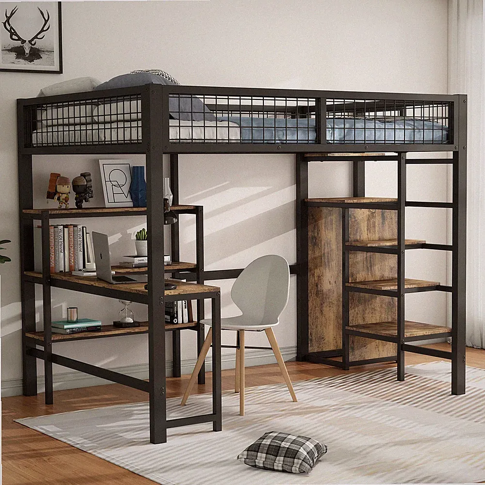 Hochbett Eisenbett Kinderbett mit Ablageleiter Regal Einbauschrank Schreibtisch