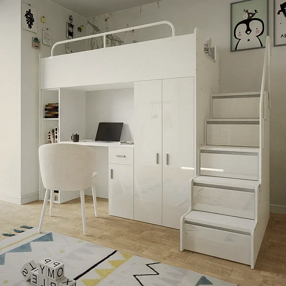 Hochbett Etagenbett JSM-4 Glanz mit Treppe, Schrank, Schreibtisch und Matratze