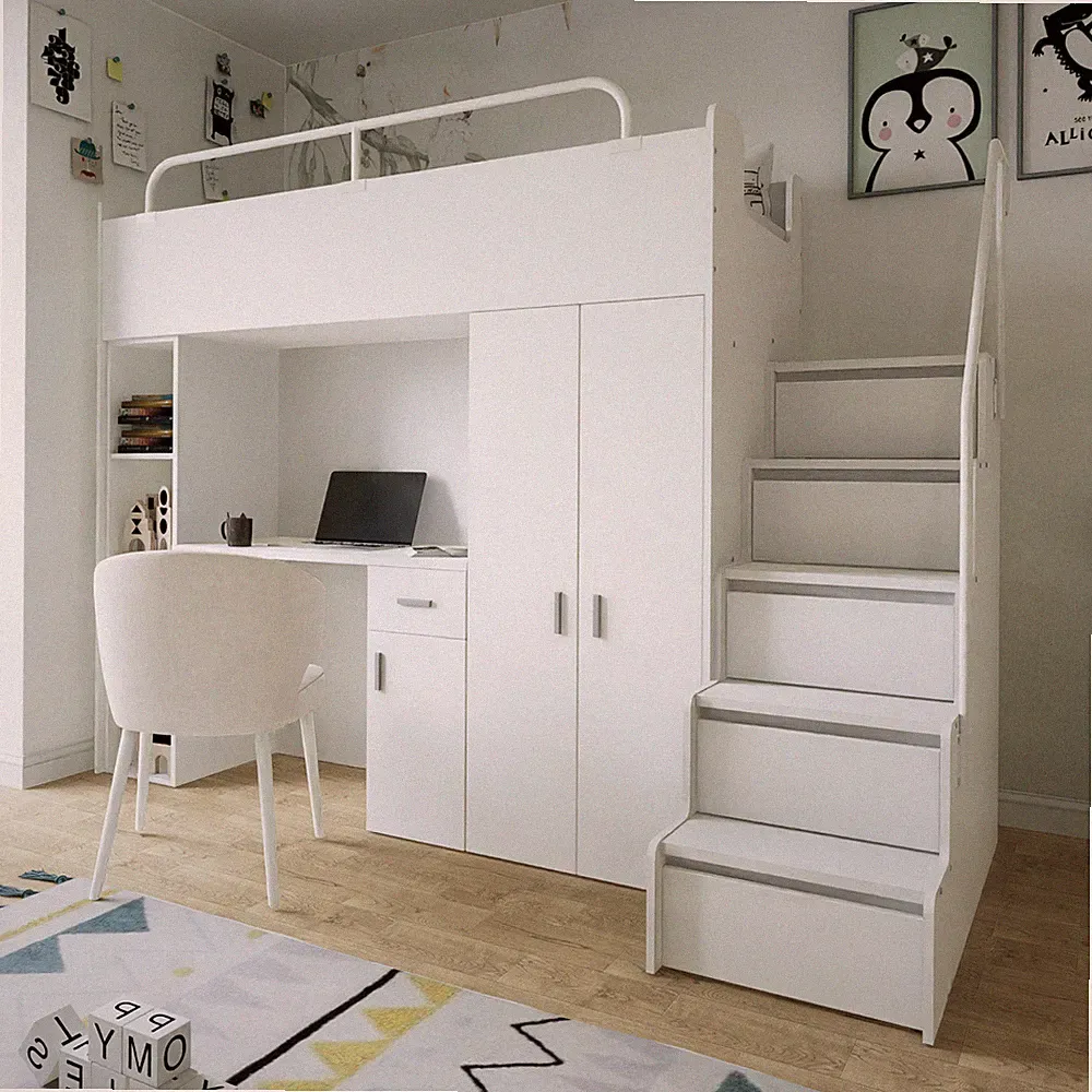 Hochbett Etagenbett JSM-4 Matt mit Treppe, Schrank, Schreibtisch und Matratze