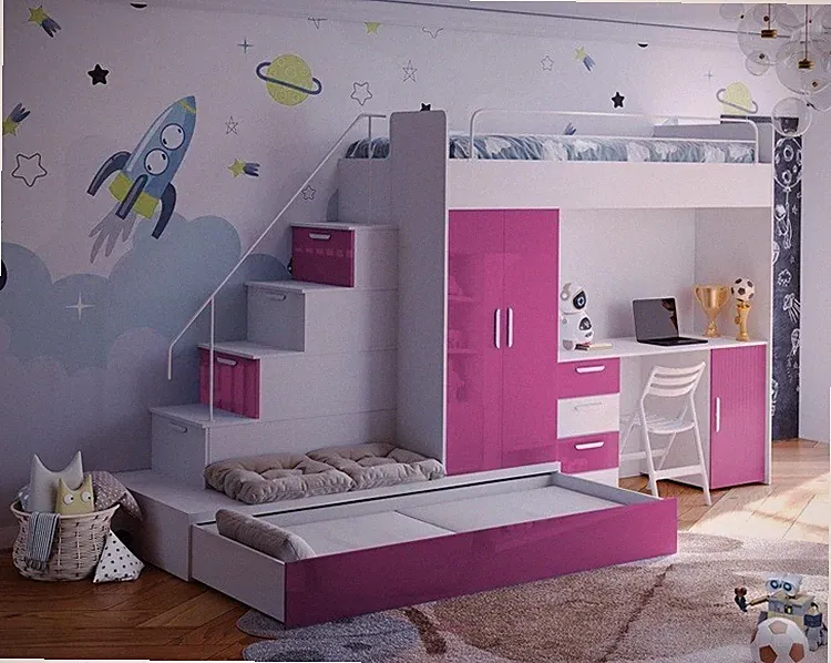 Hochbett Etagenbett Kinderbett MAJA 5 mit Schreibtisch, Kleiderschrank Stockbett