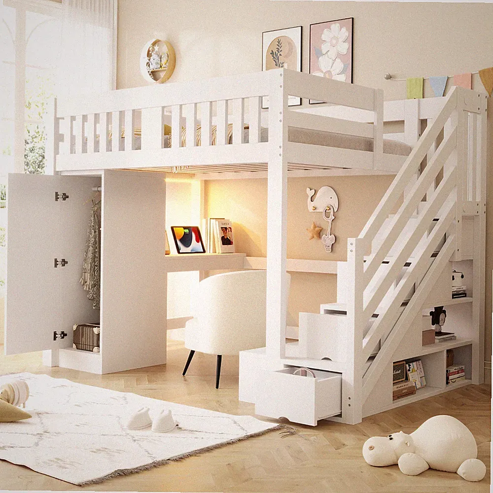 Hochbett Etagenbett Kinderbett mit Schreibtisch Schreibtisch Treppen Schrank