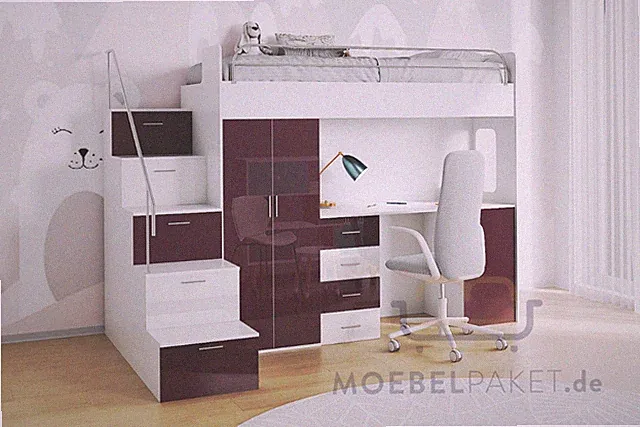 Hochbett Etagenbett MAJA 4S Schreibtisch Treppe und Lattenrost ohne Matratze