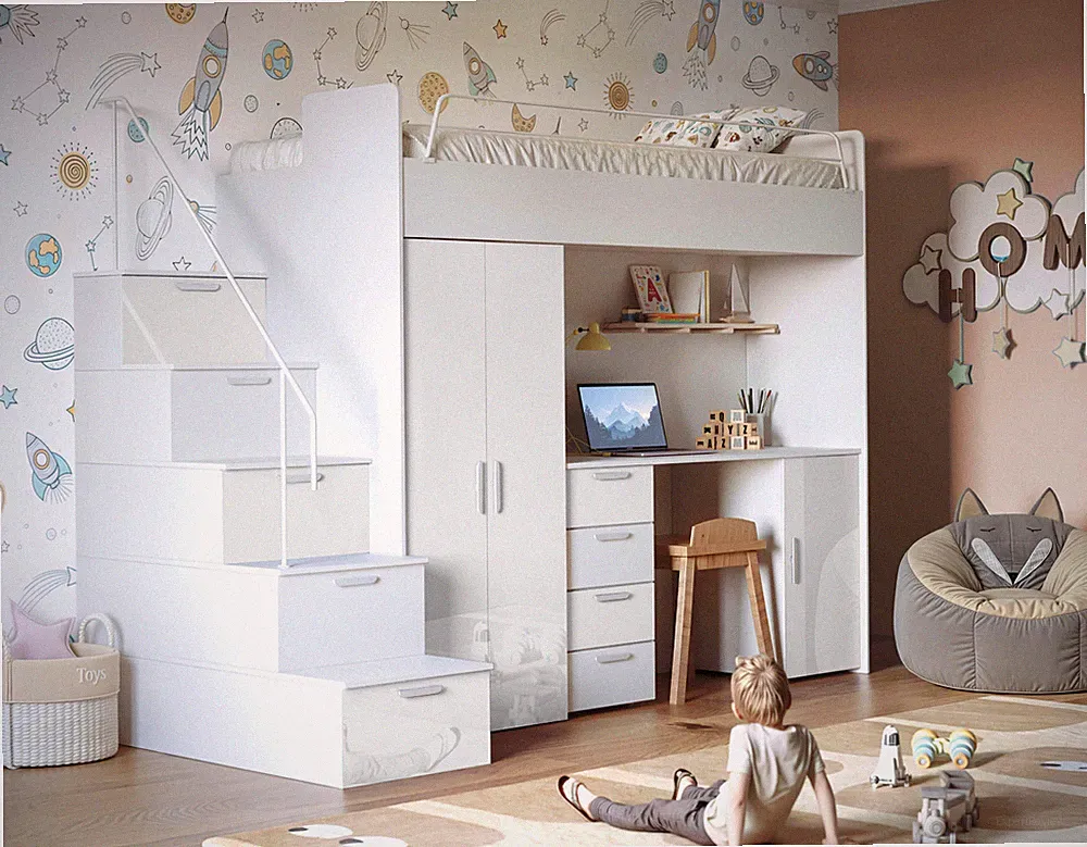 Hochbett Etagenbett MAJA 4S Schreibtisch Treppe und Lattenrost ohne Matratze