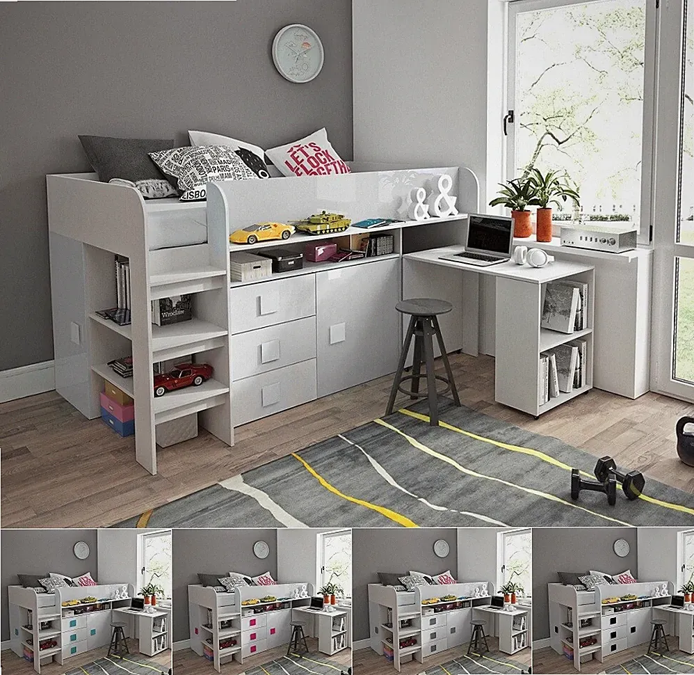 Hochbett Etagenbett weiß hochglanz mit Schreibtisch Schrank und Regal TELLY1 neu