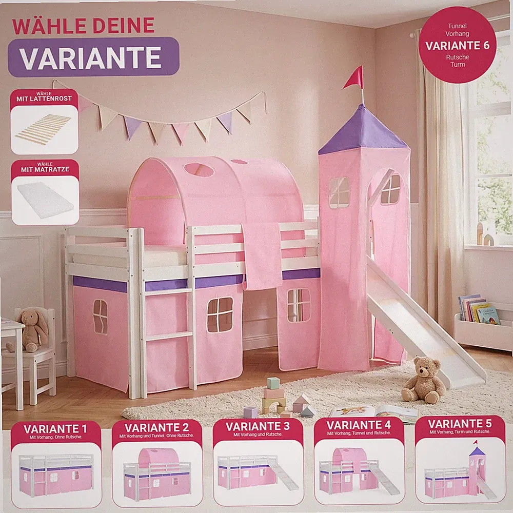 Hochbett Kinder 90x200 cm Rutsche Matratze Stockbett Kinderbett Rosa Homestyle4u
