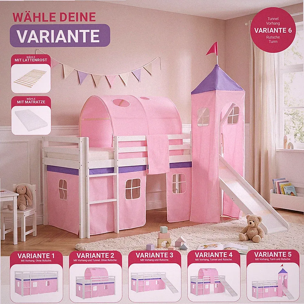 Hochbett Kinder 90x200 cm Rutsche Matratze Stockbett Kinderbett Rosa Homestyle4u