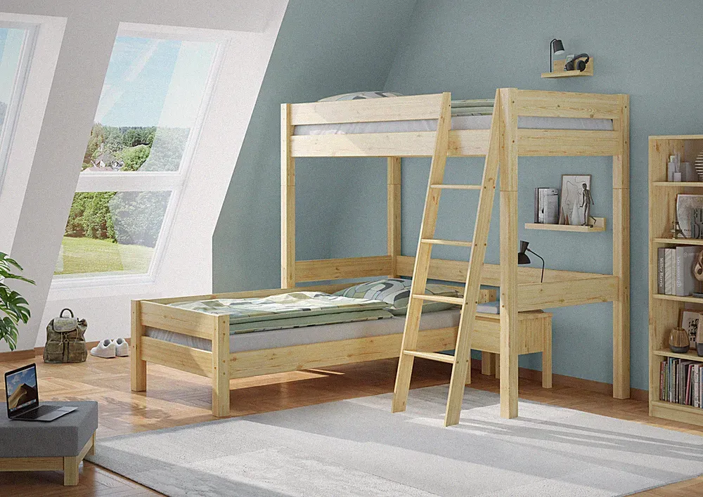 Hochbett Kinder Einzelbett 90x200 Kinderbett Stockbett Kiefer massiv Holzbett