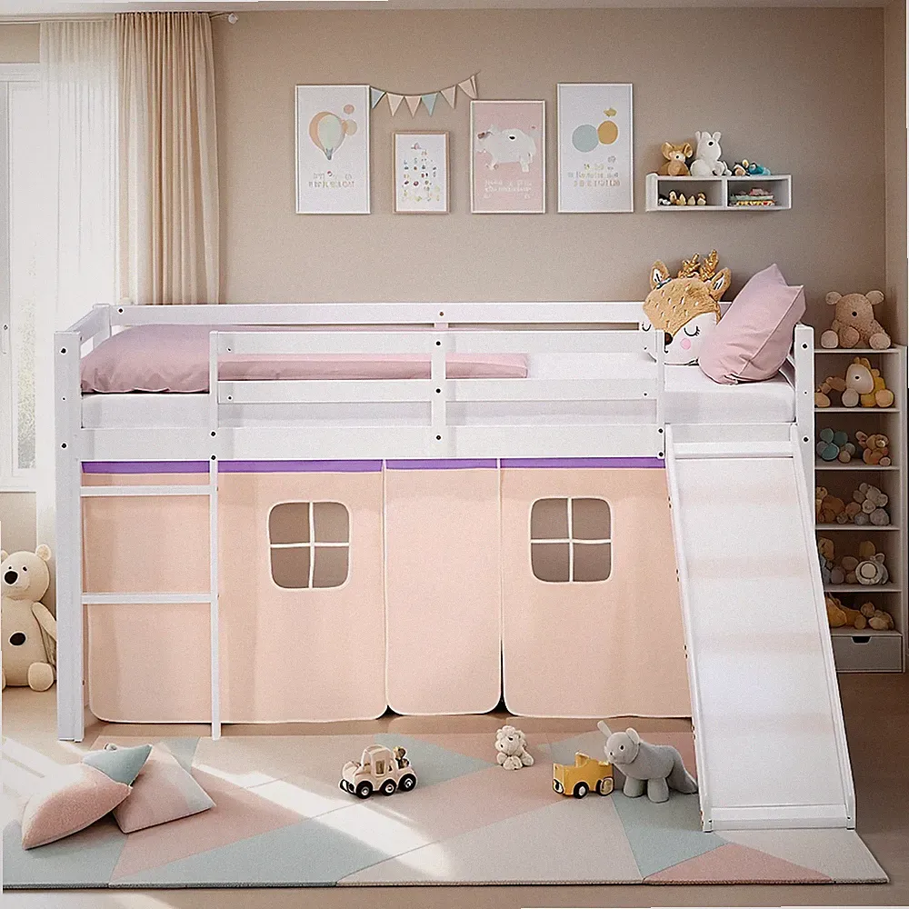 Hochbett Kinderbett 90x200 cm Rutsche Vorhang Turm Lila Beige Massiv Homestyle4u