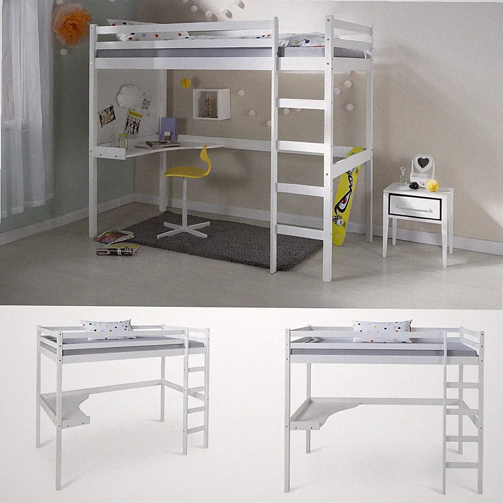 Hochbett Kinderbett 90x200 mit Schreibtisch Leiter Weiß Jugendbett Homestyle4u