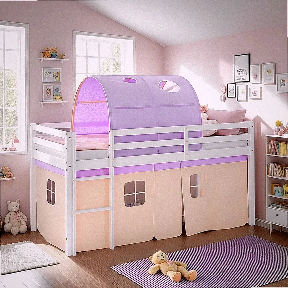 Hochbett Kinderbett 90x200 Weiß Tunnel Vorhang Lila Beige Massivholz Homestyle4u