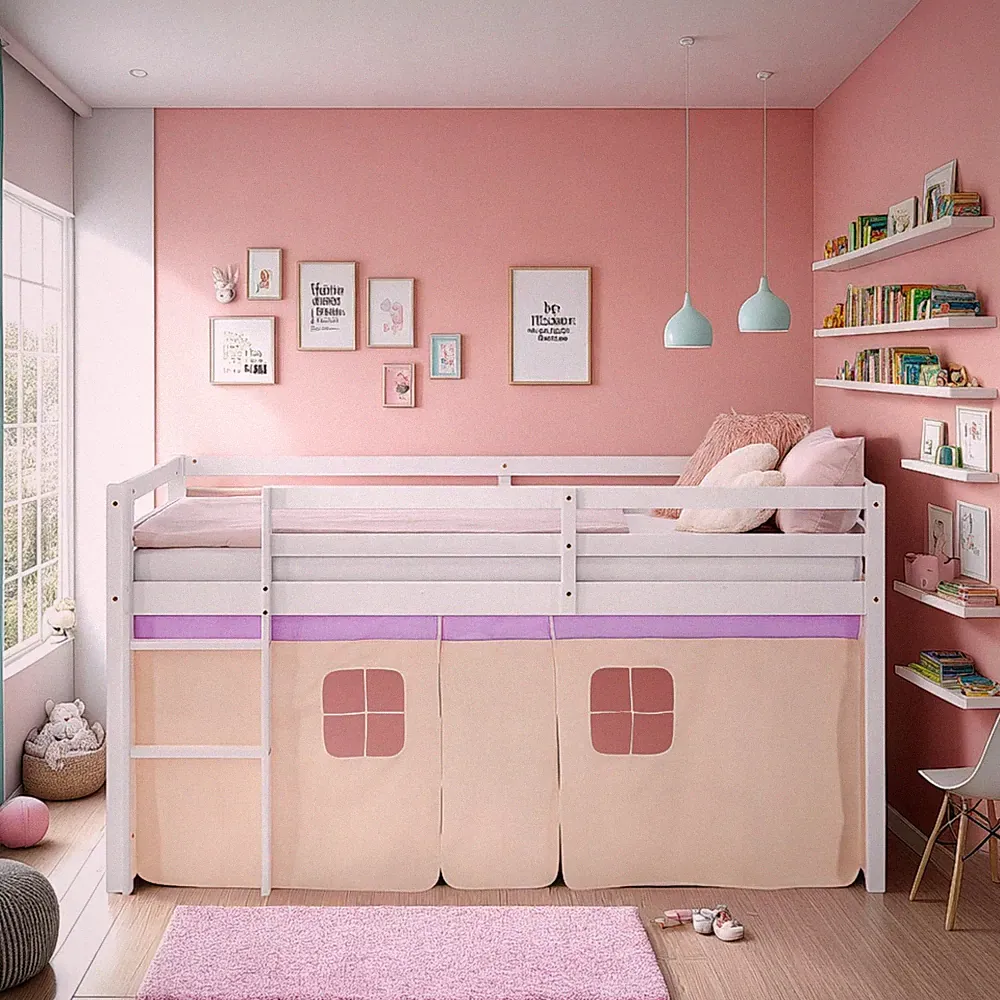Hochbett Kinderbett 90x200 Weiß Vorhang Lila Beige Lattenrost Kiefer Homestyle4u