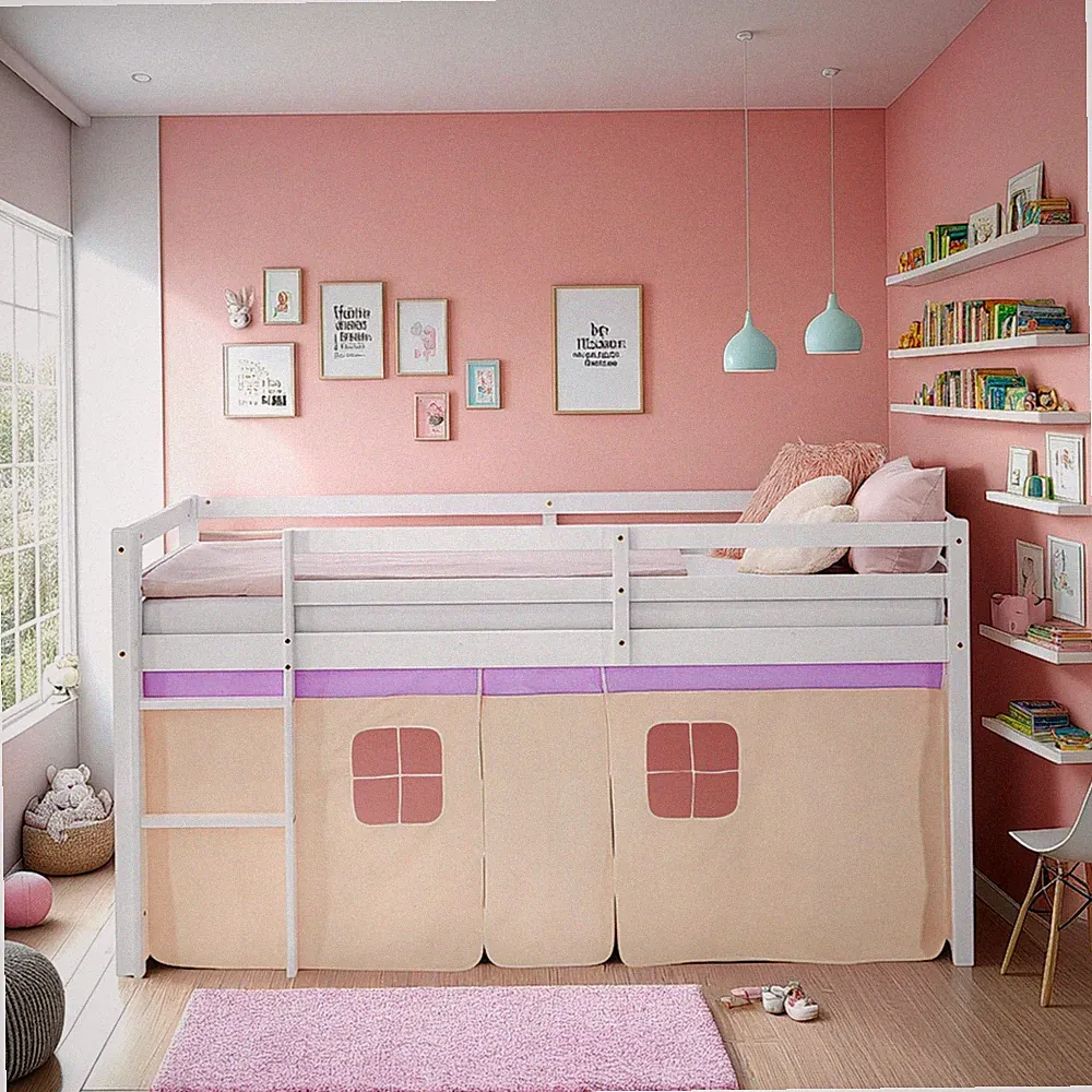Hochbett Kinderbett 90x200 Weiß Vorhang Lila Beige Leiter Massivholz Homestyle4u
