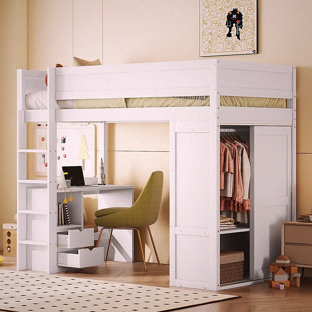 Hochbett Kinderbett Ausgestattet Kleiderschrank Schreibtisch Schubladen 90x200cm
