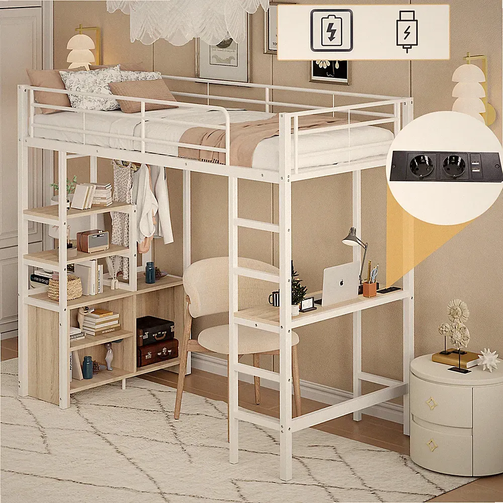Hochbett Kinderbett Bett mit Schreibtisch Steckdose USB Regal Leiter Bettgestell