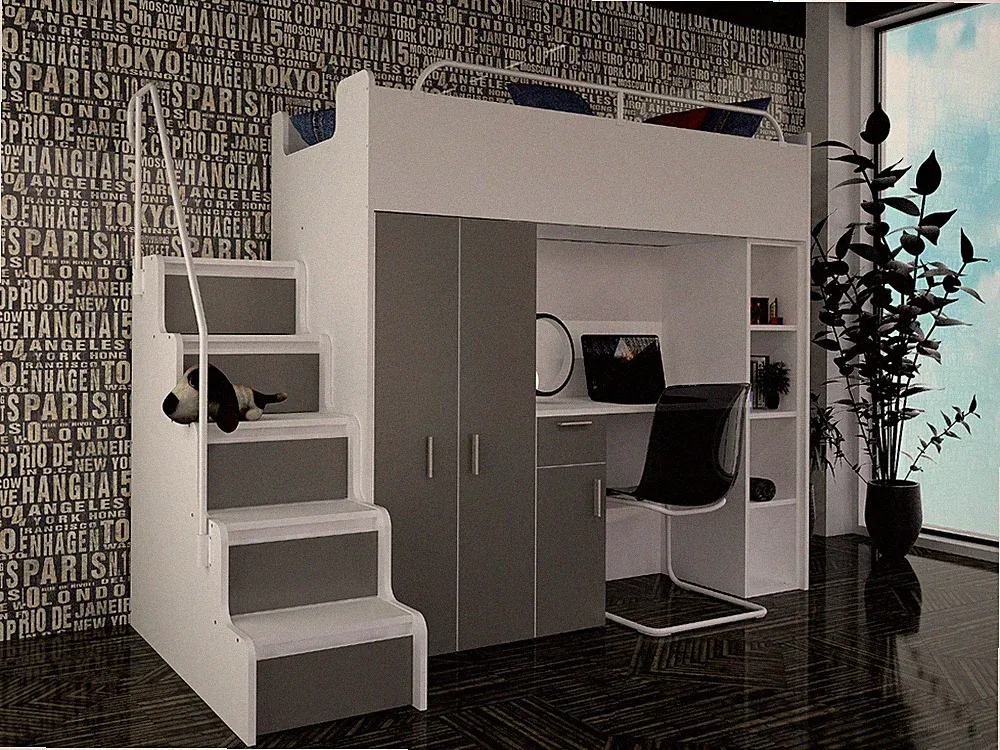 Hochbett Kinderbett JSM-4 90x200 mit Kleiderschrank Schreibtisch und Treppe Matt