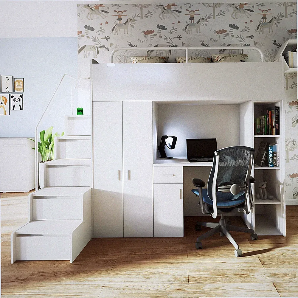 Hochbett Kinderbett JSM-4 90x200 mit Kleiderschrank Schreibtisch und Treppe Matt