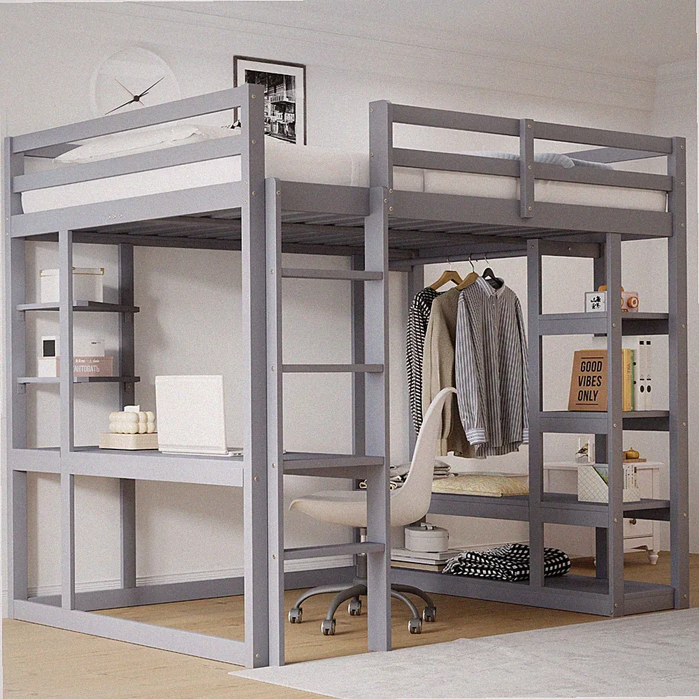 Hochbett Massivholz 140x200 cm mit Tisch Regalen Grau Kinder Jugendbetten