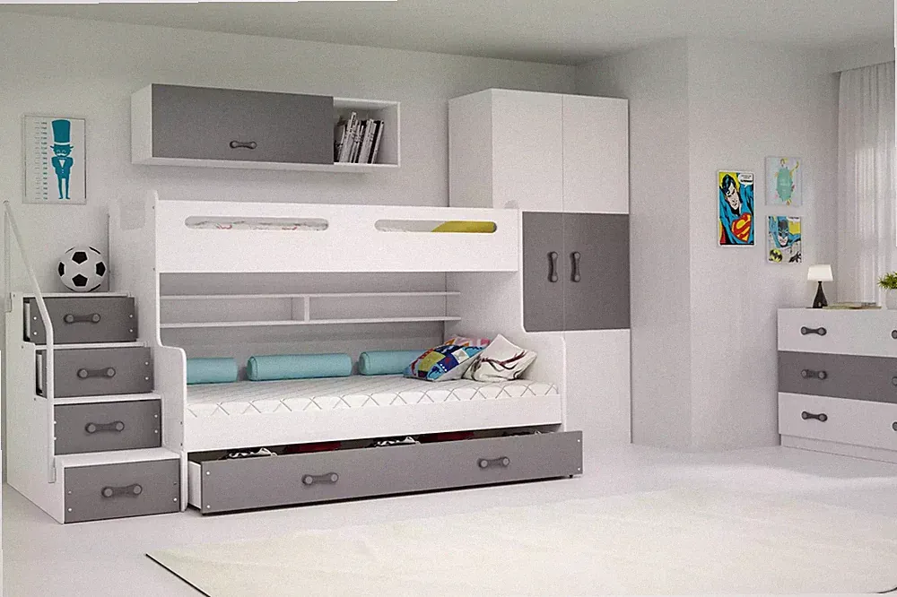 Hochbett Max III Doppelstockbett mit Matratzen und Schublade Weiß Rosa Blau 20