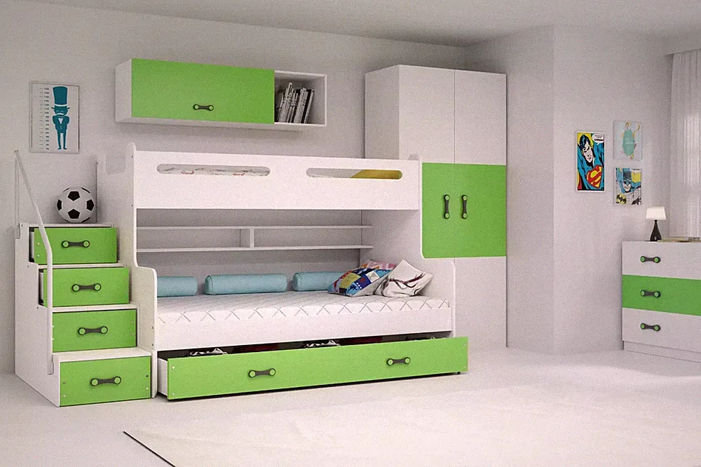 Hochbett Max III Doppelstockbett mit Matratzen und Schublade Weiß Rosa Blau 20