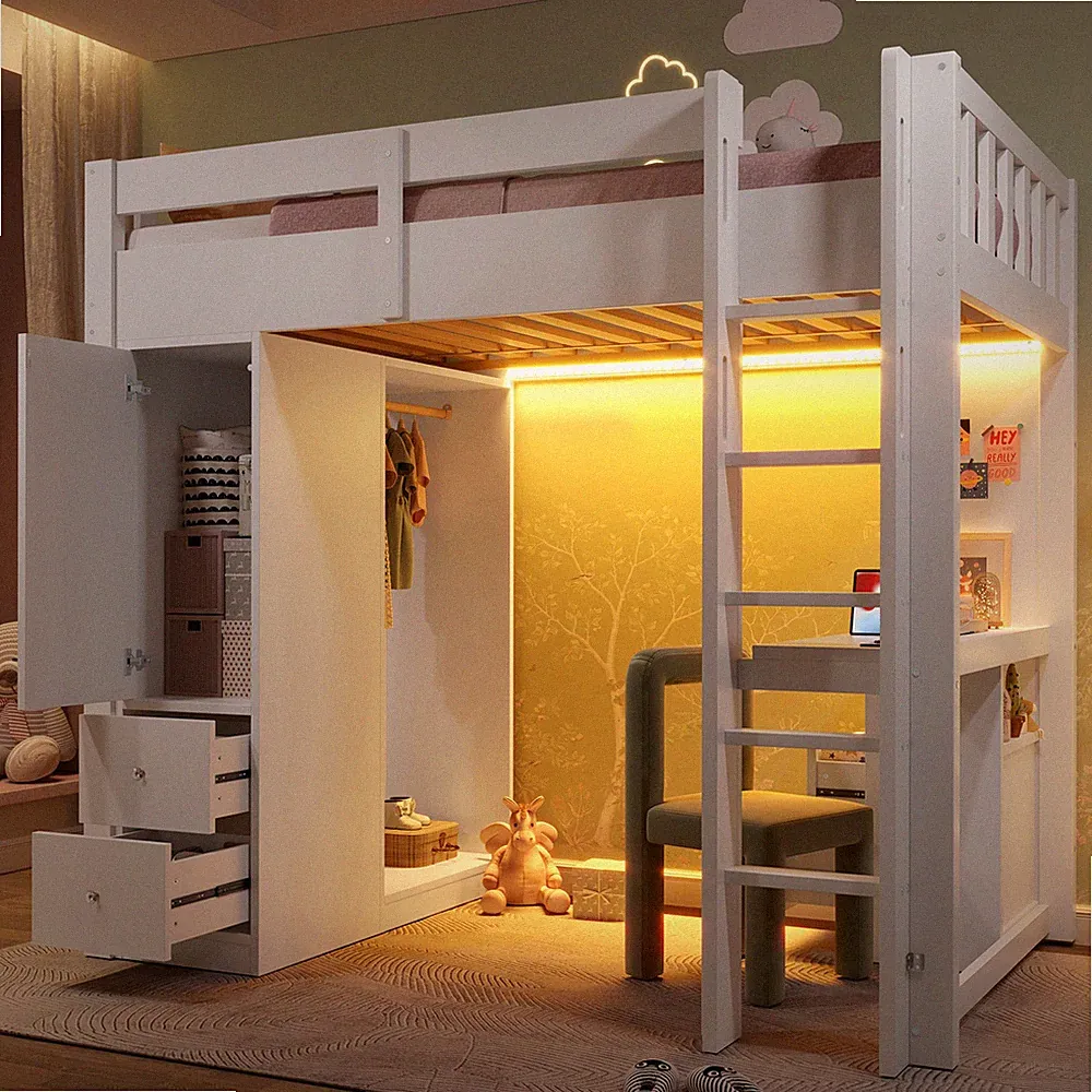 Hochbett mit 4 Schubladen 1 Stauraumschrank Schreibtisch Kleiderschrank LED USB