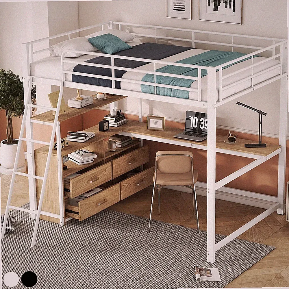 Hochbett mit L-förm Schreibtisch Bettgestell Kinderbett Metallbett Bett 140x200