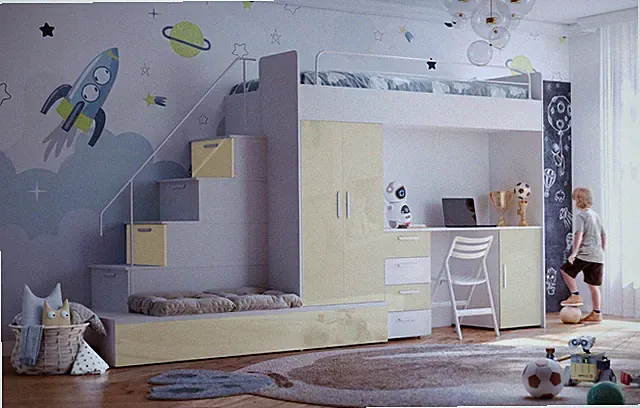 Hochbett mit Schreibtisch FELIX 5 Schrank Treppe Bett Stockbett Etagenbett