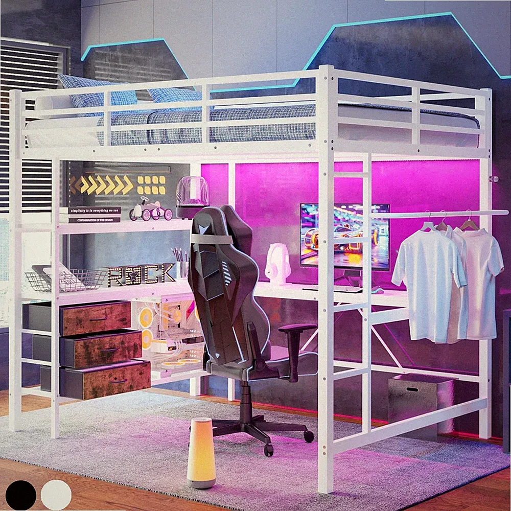 Hochbett mit Schreibtisch LED-Leuchten Bettgestell Metall Bett 90x200 140x200