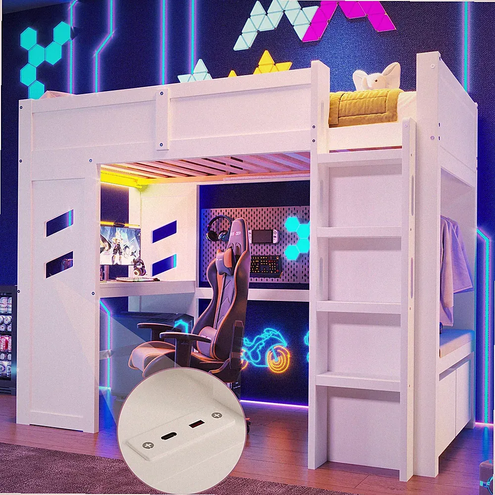 Hochbett mit Schreibtisch LED-Leuchten Bettgestell Spielbett Kinderbett 140x200