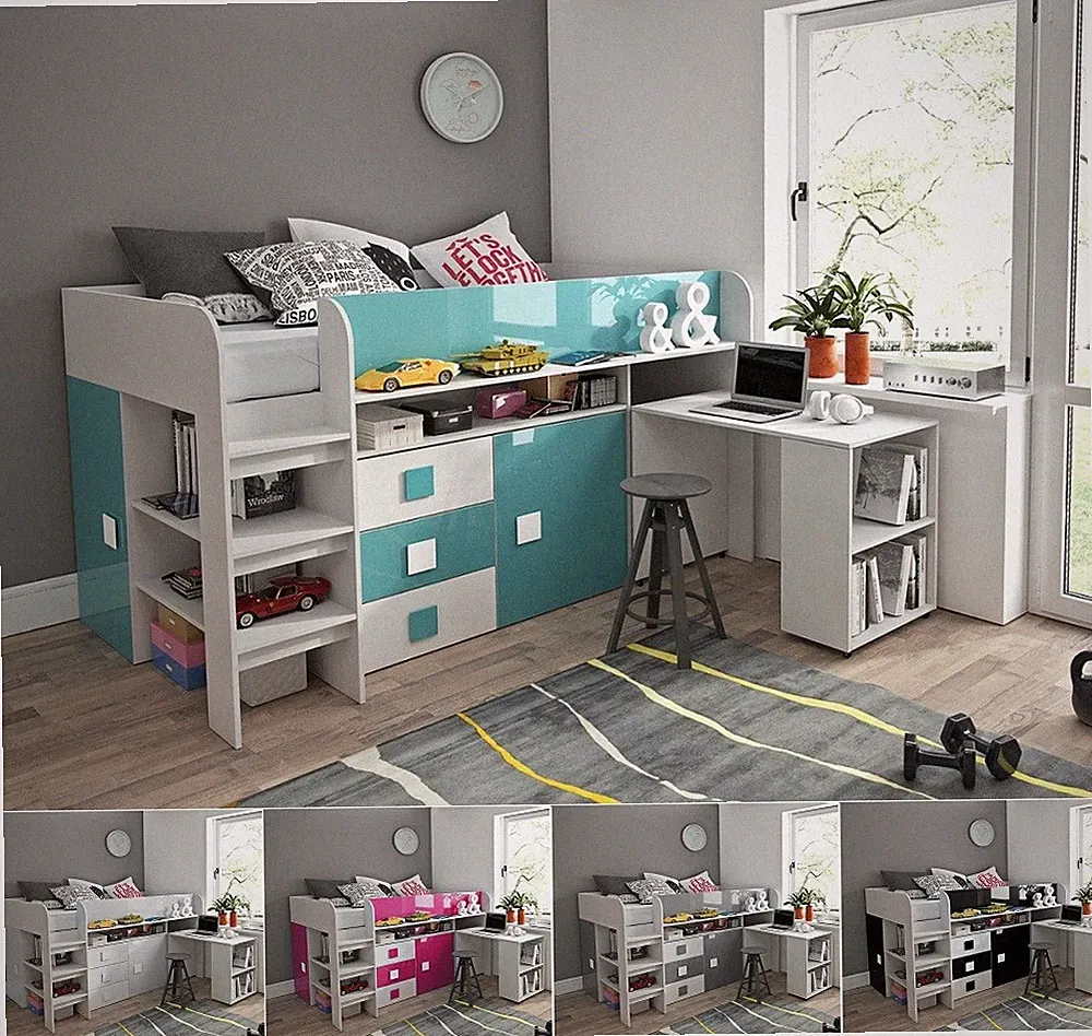 Hochbett mit Schreibtisch Regal und Schrank TELLY 1 hochglanz weiß grau türkis