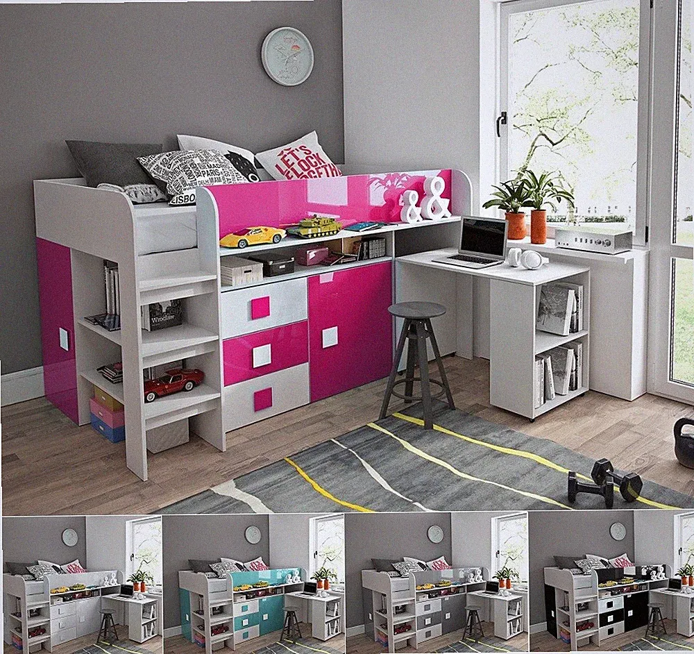 Hochbett mit Schreibtisch Regal und Schubladen TELLY 1 hochglanz weiß rosa grau