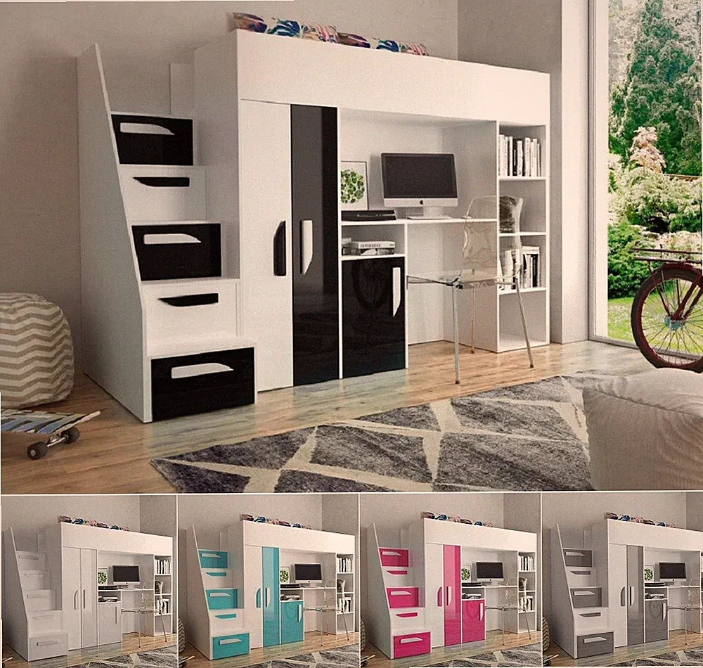 Hochbett mit Schreibtisch Schrank Regal und Treppe 90x200 PARIS 4 hochglanz weiß