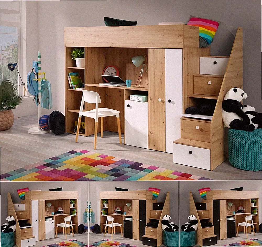 Hochbett mit Schreibtisch Schrank Regal und Treppe 90x200 SAM 14 Farbauswahl
