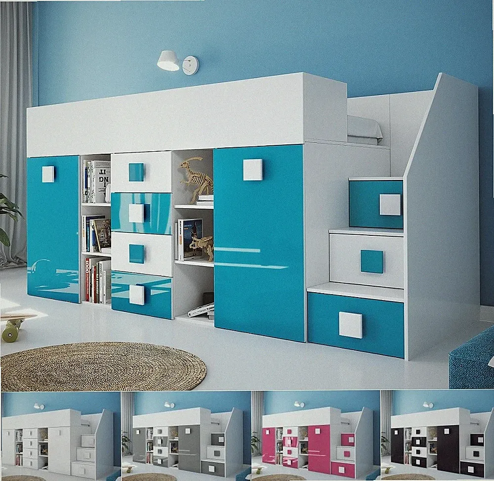 Hochbett mit Schreibtisch Schrank Regalen Schubladen und Treppe TELLY3 hochglanz