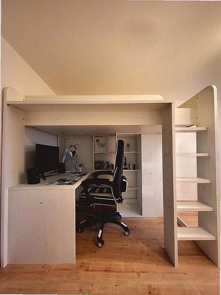 Hochbett mit Schreibtisch und Schrank, Weiß, 90×200(Preis Verhandelbar!)