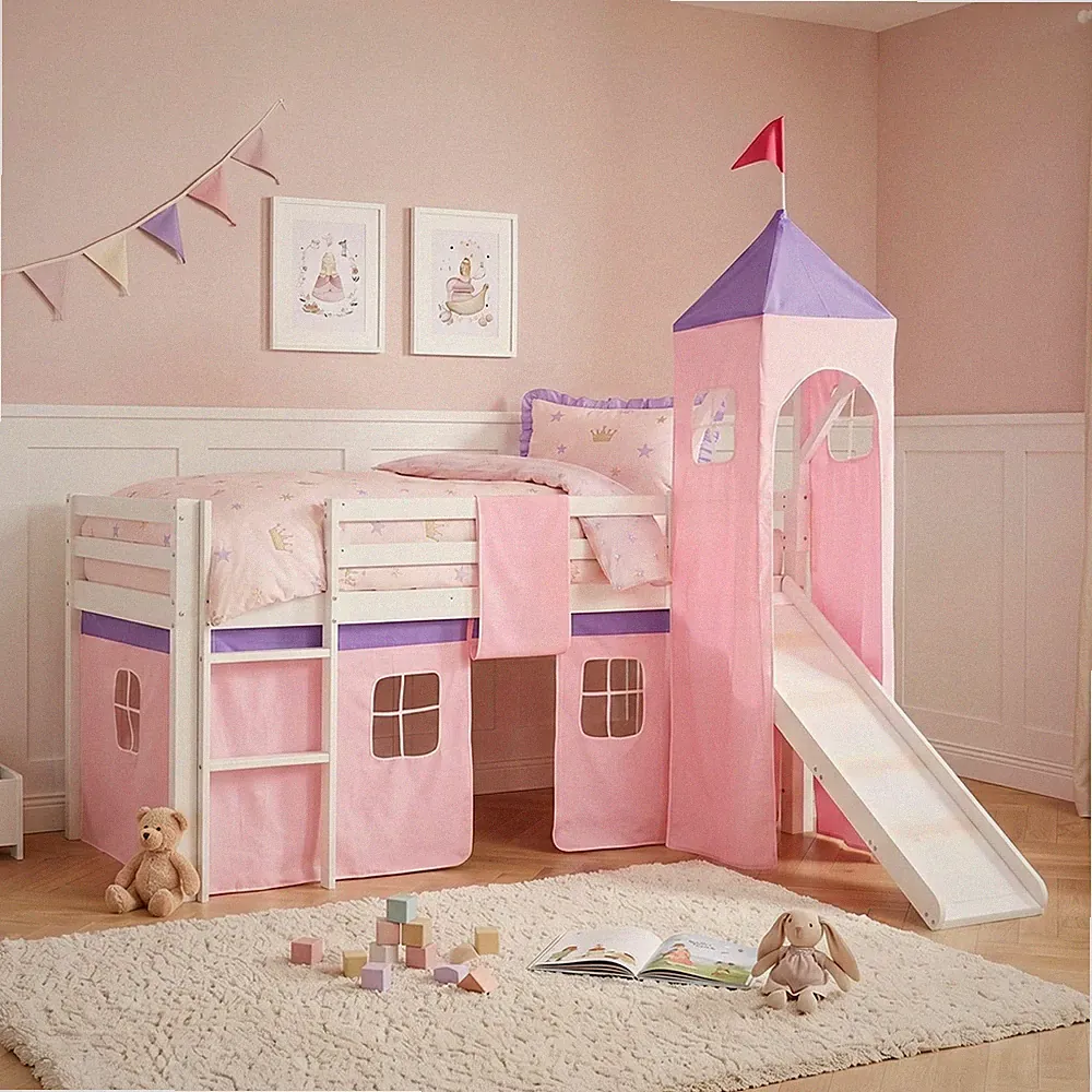 Hochbett Spielbett Kinderbett mit Rutsche Turm Vorhang pink 90x200 Homestyle4u